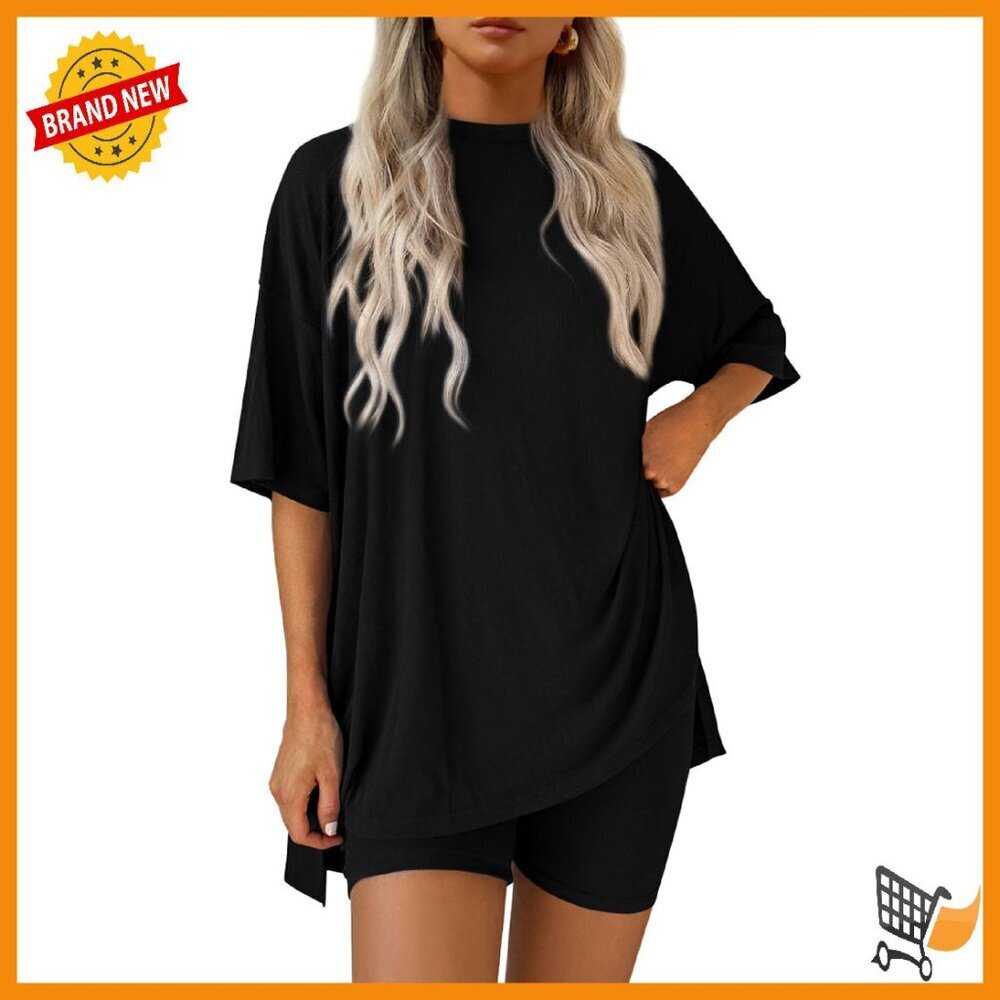 Oversized Shirt & Biker Shorts Lounge Set - Soft 2 Piece Matching Outfit
